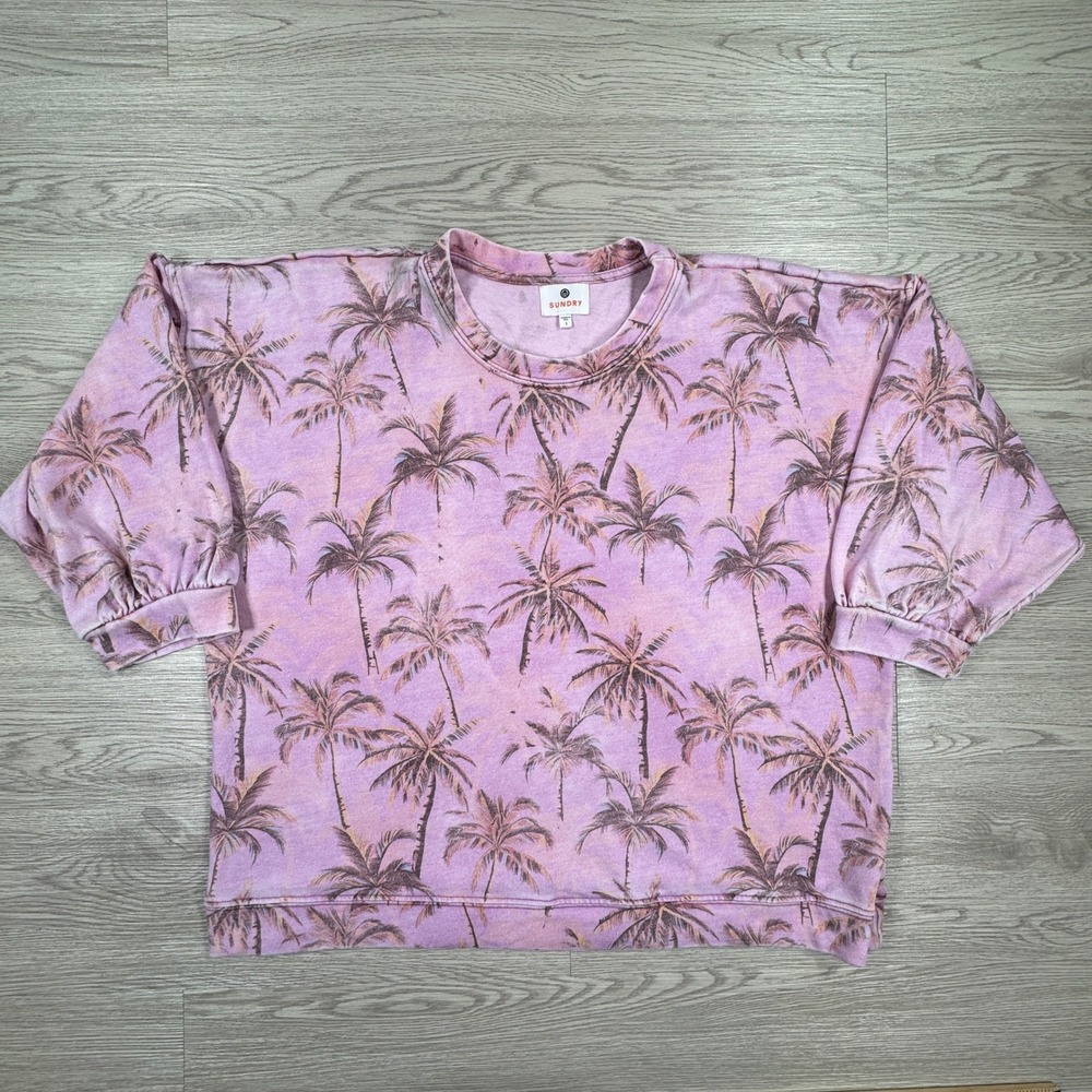 Sundry Womens Sweatshirt Palm Tree Print Pink Size 1 Relaxed Fit Pullover